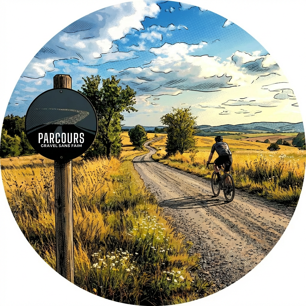 Cyclist on a winding dirt path next to a sign reading Parcours Gravel Sans Faim.